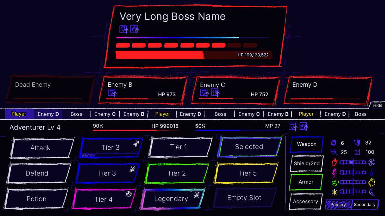 An early mockup in bright neon colors of the main combat of Labours of a Rising Adventurer. There's two primary grids: on the bottom is a grid of actions in various colors typically used to notate rarity. On the top there is a grid of enemies and health bars.