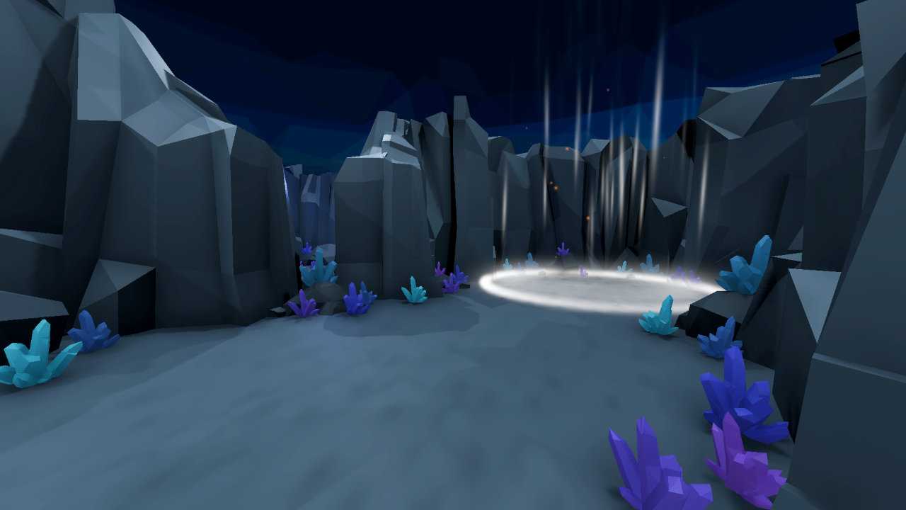 A screenshot of the game Metamorphic featuring a cave-like environment with luminescent crystals and a magical glowing circle all in a low-poly style.