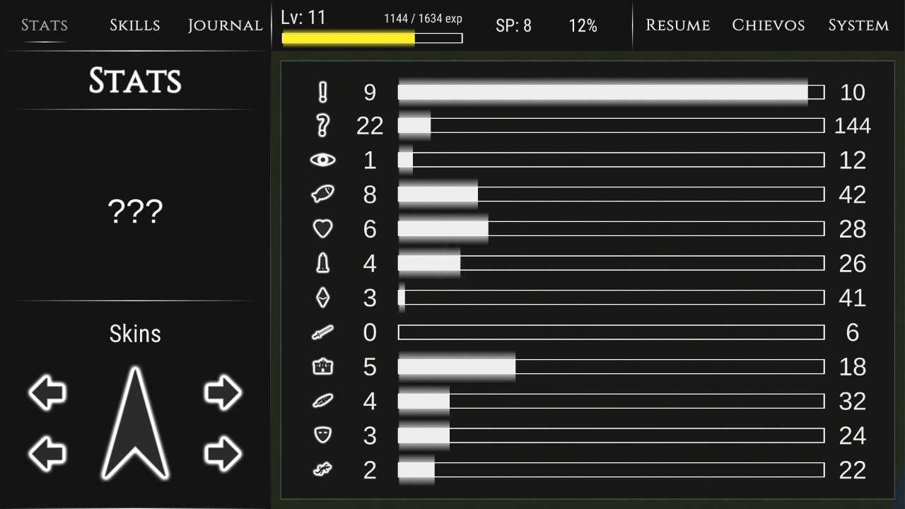 A screenshot of the OWGTOWG stats menu of a player early on in their playthrough. It shows the list of the 12 main collectables and how many the player has collected as well as section that has yet to be unlocked, and another that lets the player select a different skin for their icon.