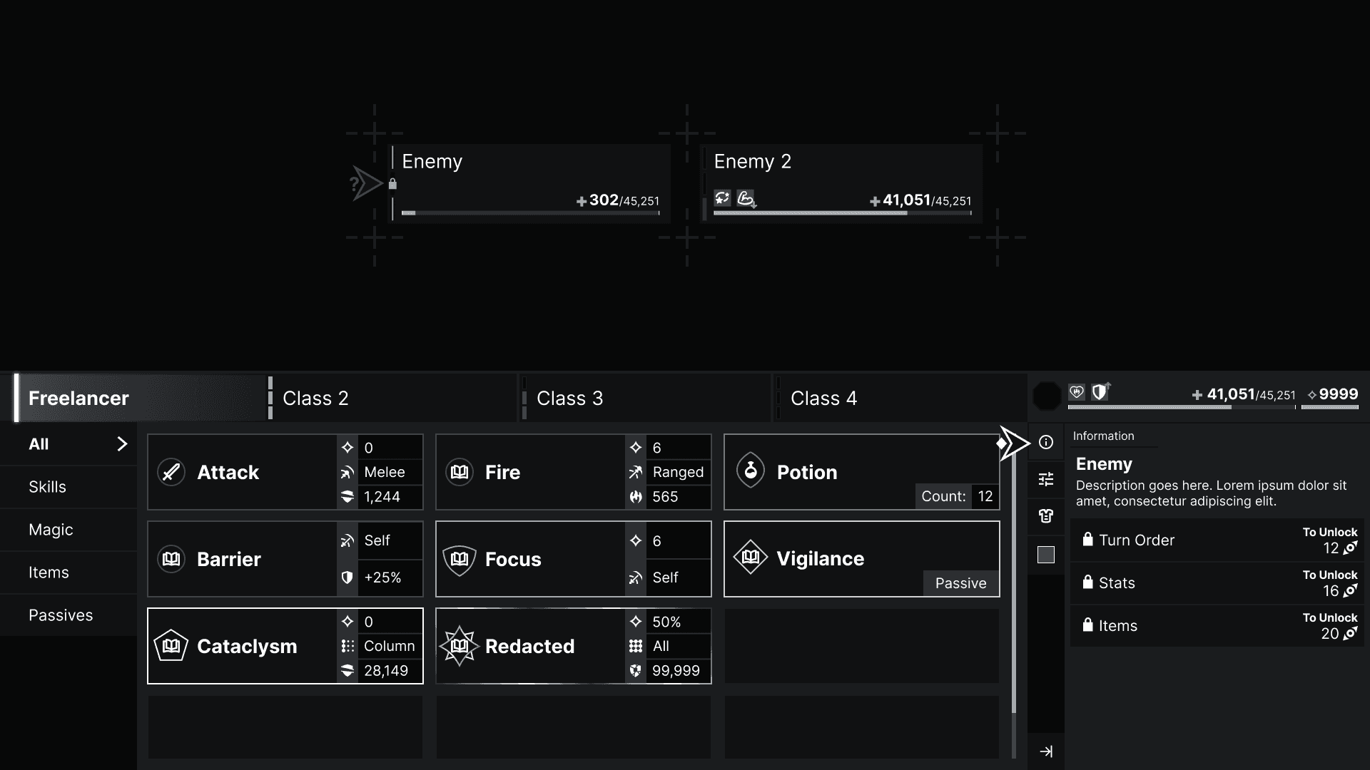 A new mockup of LOARA that rearanges and further refines the previous mockup. It's presented in grayscale and depicts a variety of enemies, player abilities, and player stats in UI elements that would often be seen in an RPG.